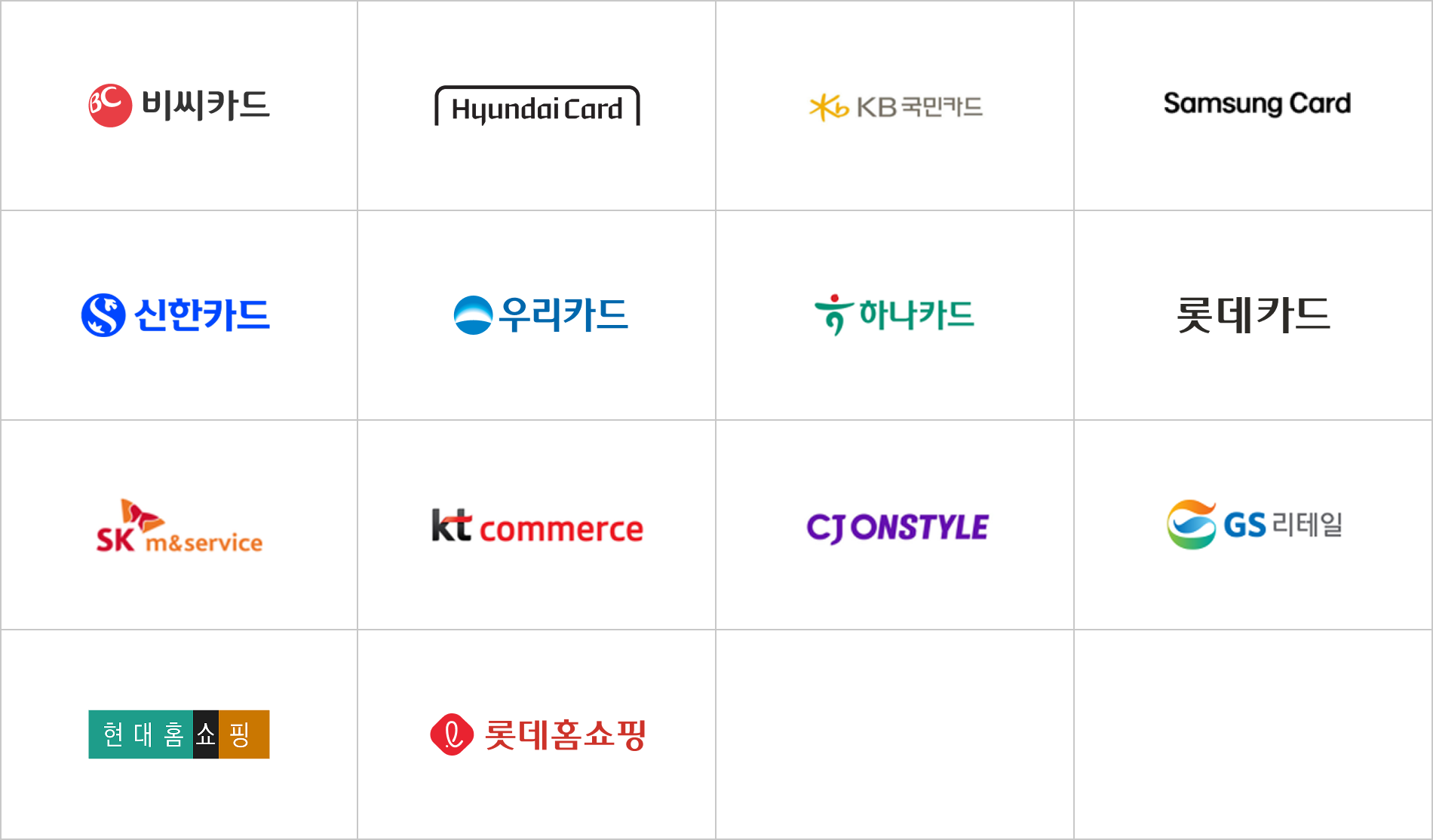 마케팅 제휴 목록(비씨카드, 현대카드, 국민카드, 삼성카드, 신한카드, 우리카드, 하나카드, 롯데카드, SK m&service, KT commerce, CJ ONSTYLE, GS 리테일, 현대홈쇼핑, 롯데홈쇼핑