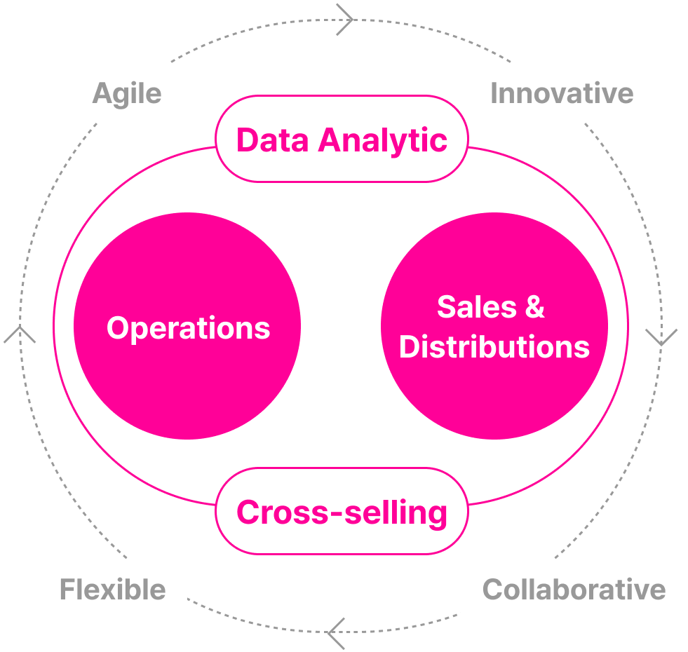 원형 교차(data analytic, cross-selling, sales & distrubtions, operations)
